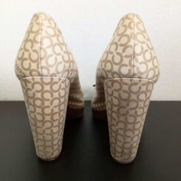 COACH Corey High Heel Peep Toe Pumps Chunky Shoes Signature Lace Up Bow 10 B - Picture 5 of 8